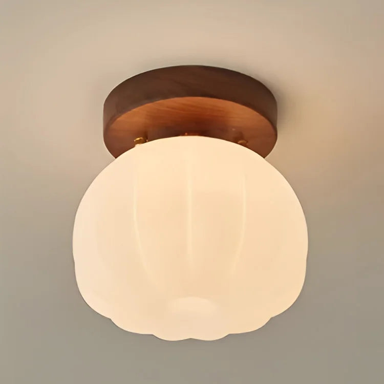 Walnut Wood Roll Molded Pumpkin Flush Ceiling Light