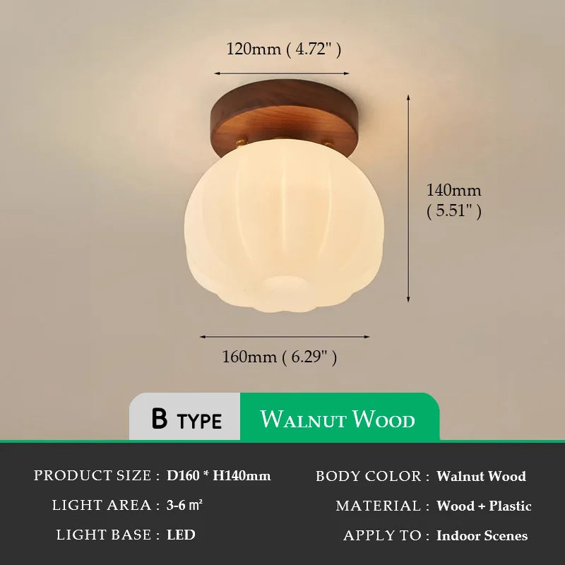 Walnut Wood Roll Molded Pumpkin Flush Ceiling Light