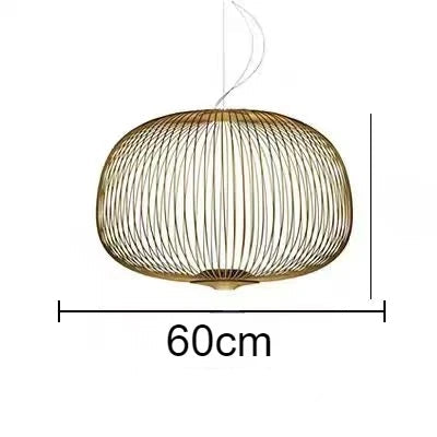 Woven pendant light with dimensions on a white background