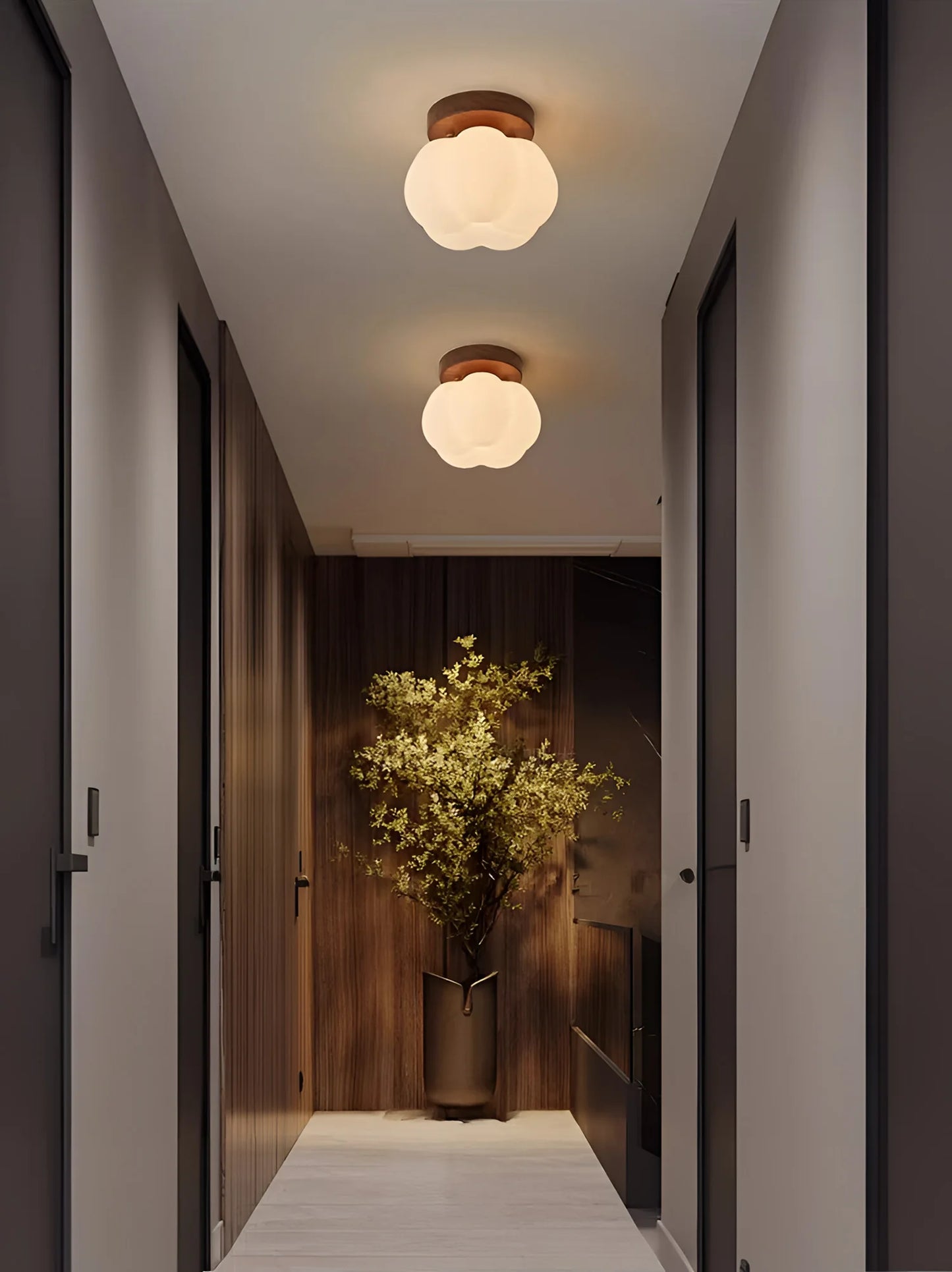Walnut Wood Roll Molded Pumpkin Flush Ceiling Light