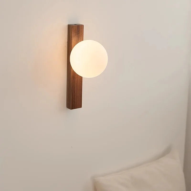 Walnut Wood Glass Sphere Modern Sconces Wall Light