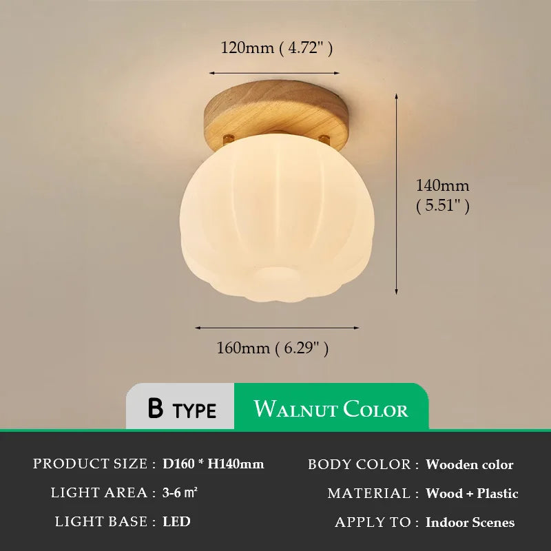 Walnut Wood Roll Molded Pumpkin Flush Ceiling Light