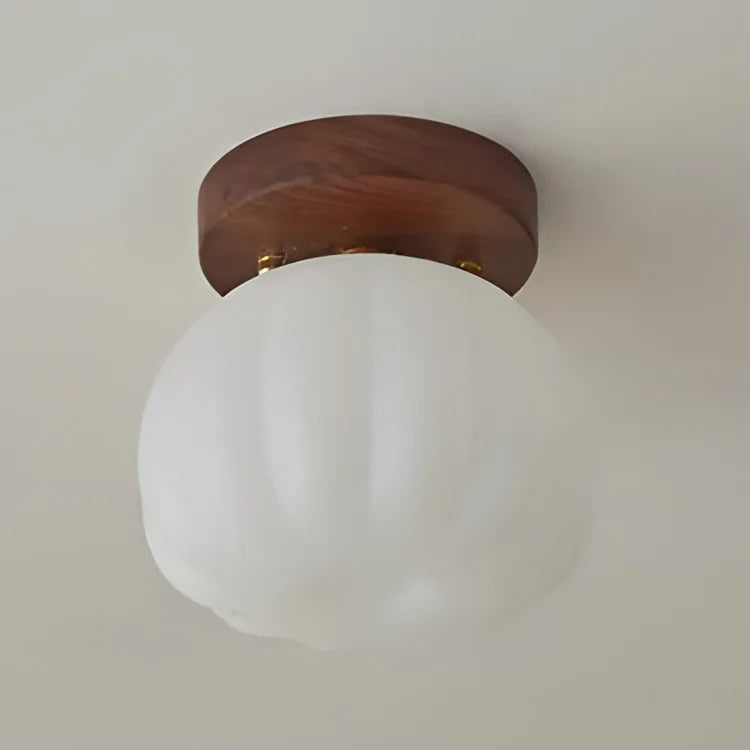 Walnut Wood Roll Molded Pumpkin Flush Ceiling Light