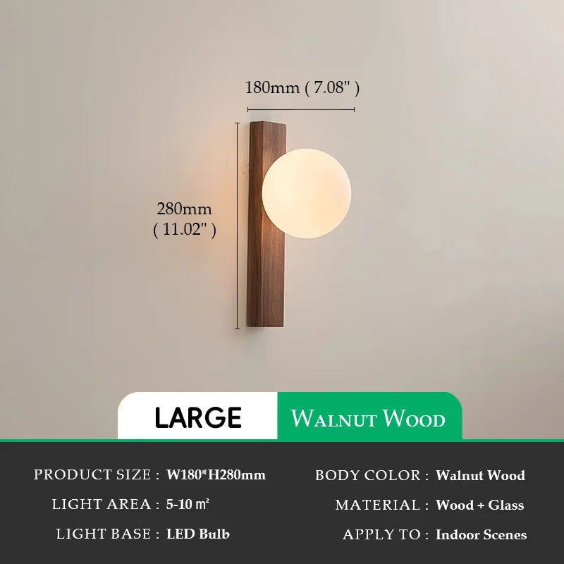 Walnut Wood Glass Sphere Modern Sconces Wall Light