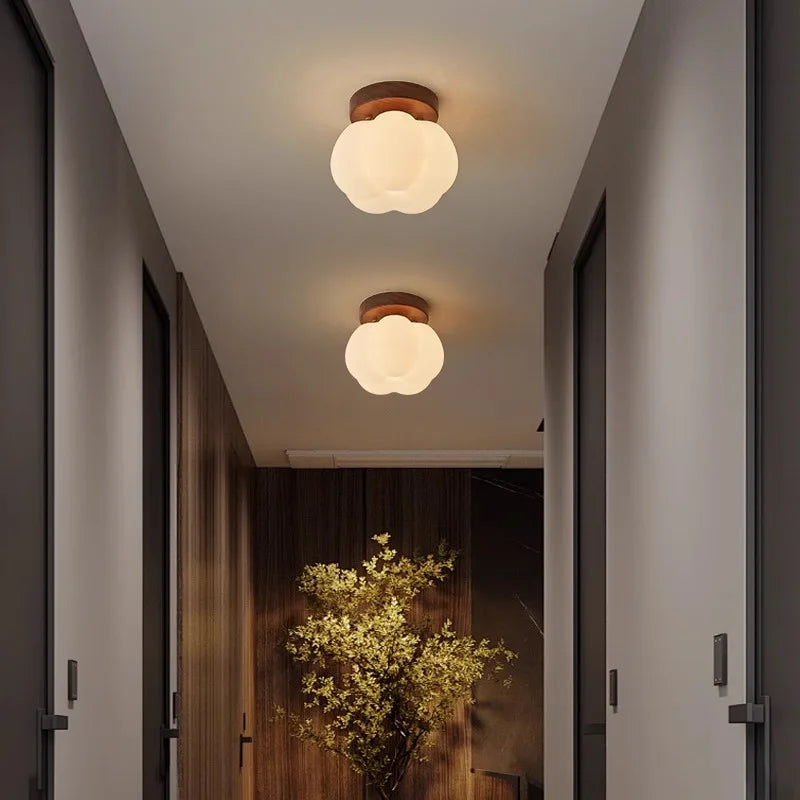 Walnut Wood Roll Molded Pumpkin Flush Ceiling Light