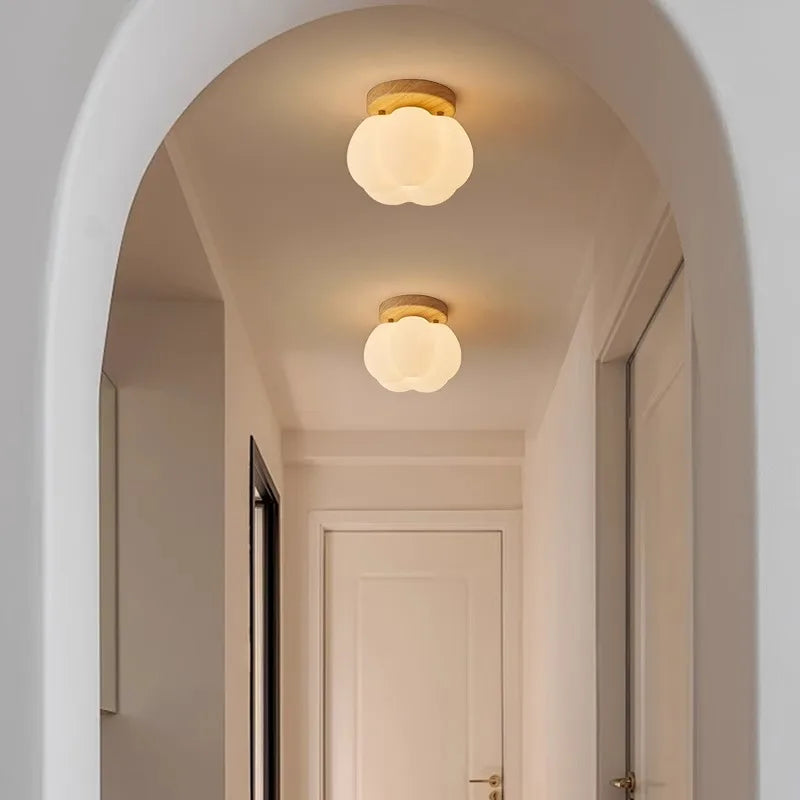 Walnut Wood Roll Molded Pumpkin Flush Ceiling Light