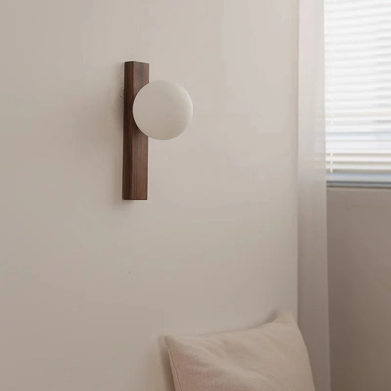 Walnut Wood Glass Sphere Modern Sconces Wall Light