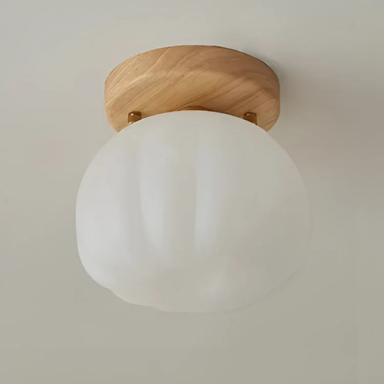 Walnut Wood Roll Molded Pumpkin Flush Ceiling Light