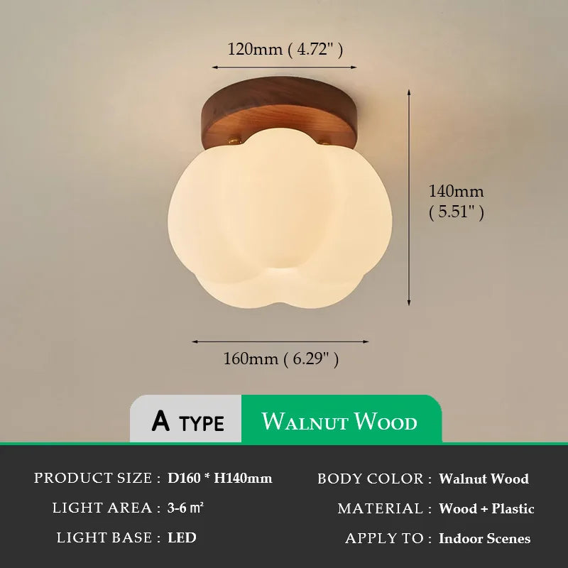 Walnut Wood Roll Molded Pumpkin Flush Ceiling Light