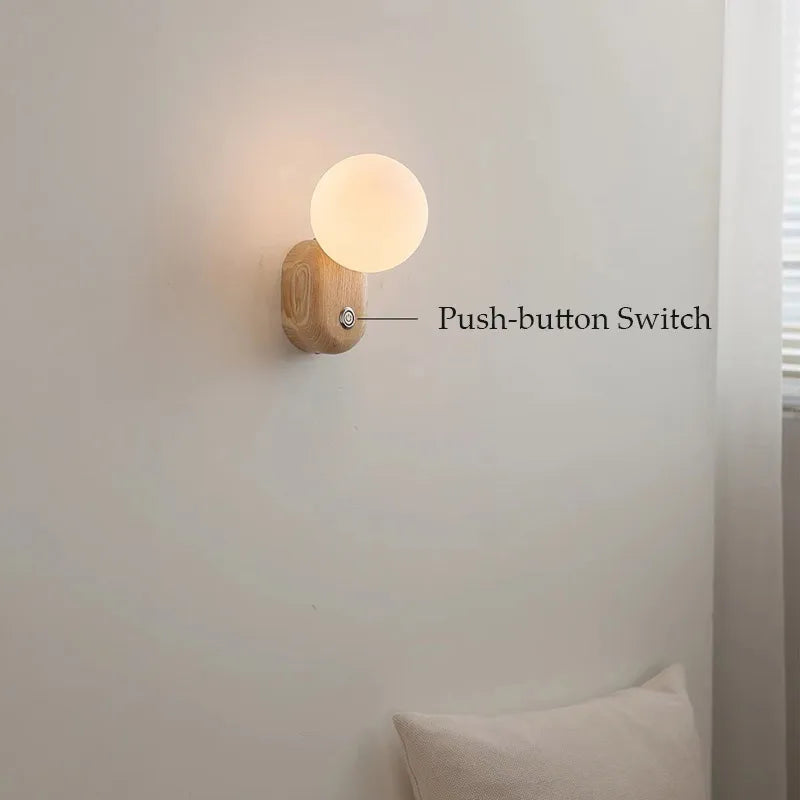 Spherical Glass Wooden Modern Wall Sconce Light