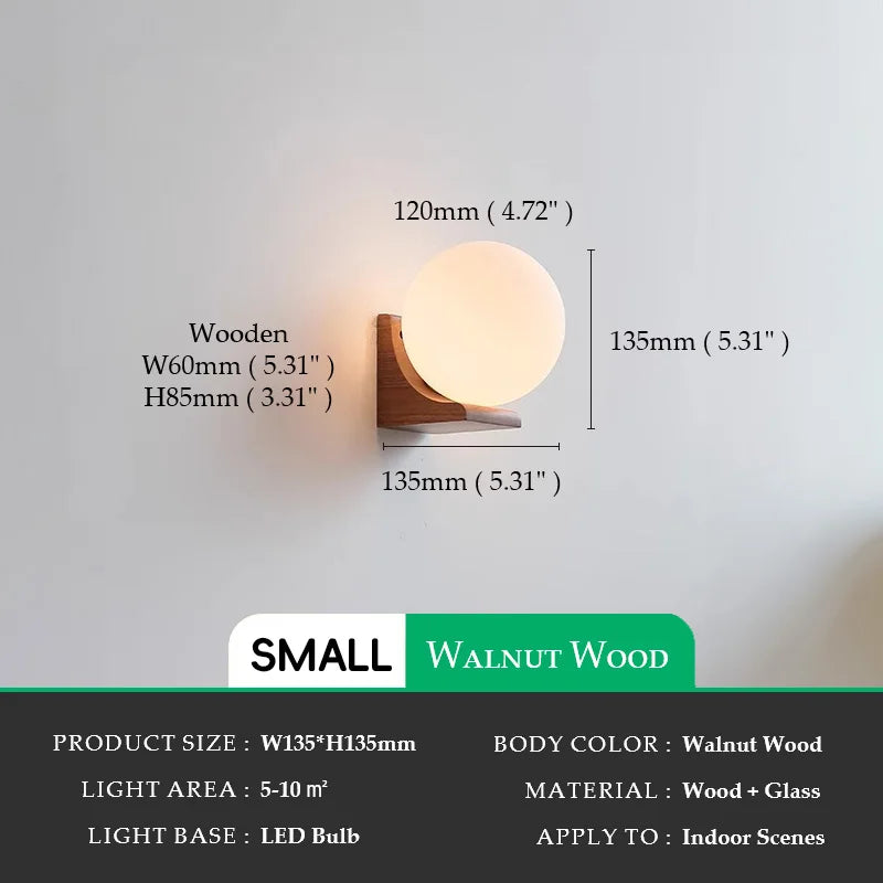 Walnut  Round Ball Glass Wall light Sconces