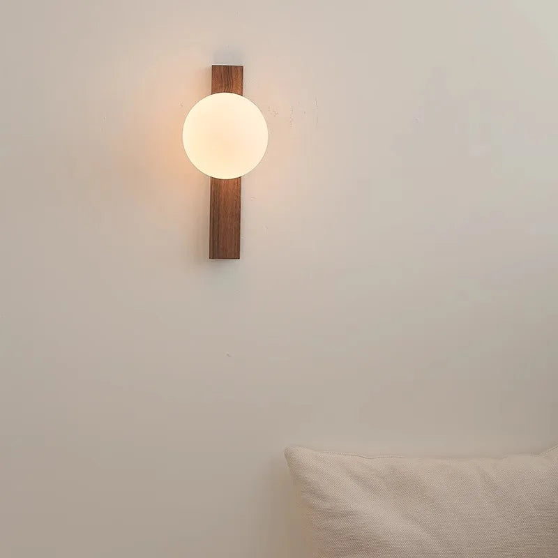 Walnut Wood Glass Sphere Modern Sconces Wall Light